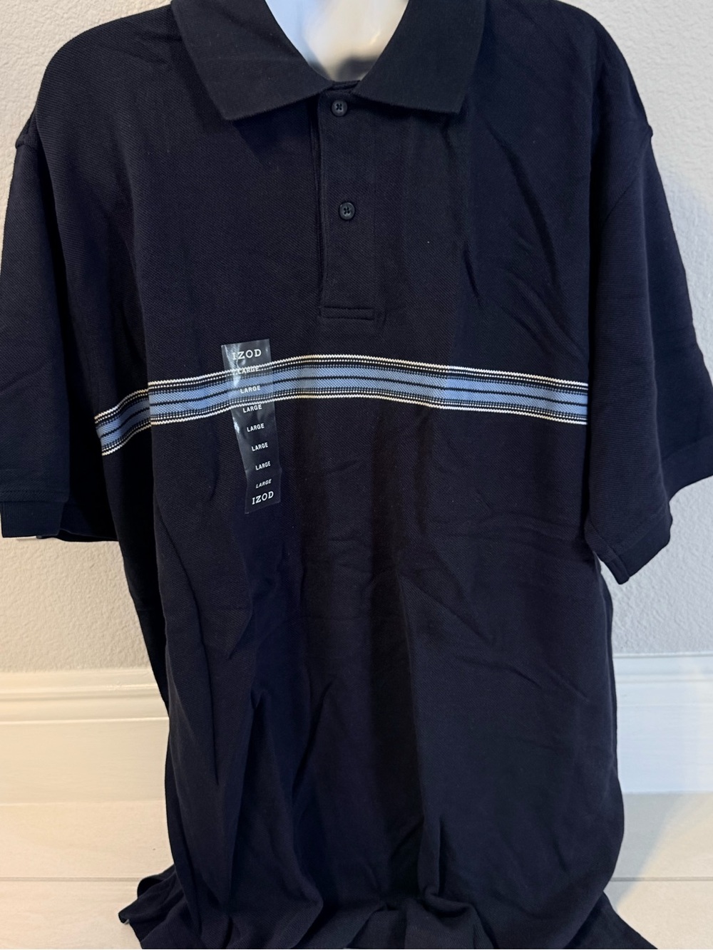 Izod Navy Polo with Horizontal Light Blue and White Stripes
